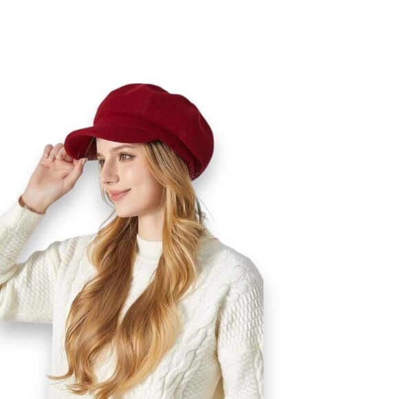 Burgundy Red Curved Visor Brim Cabbie Newsboy Hat - Picture 1 of 4